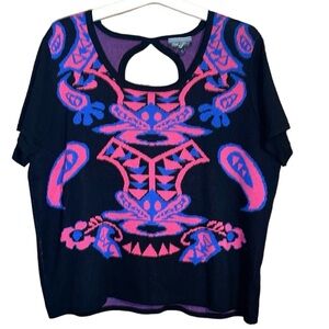 •ALLISON BRITTNEY•NWOT BLACK/PINK/BLUE BOHO KNIT LARGE KEYHOLE BACK BLOUSE (3X)